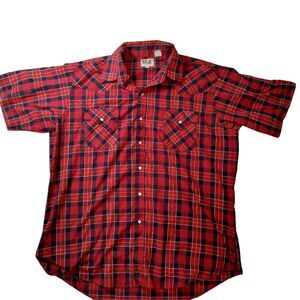 Men's Ely Cattleman Short sleeve plaid pearl snap western cowboy shirt. Size XL.